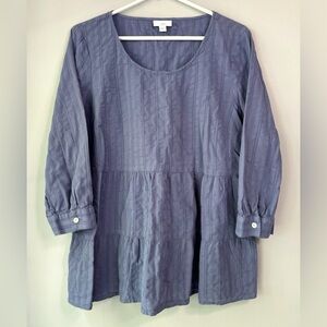 J.Jill Women’s 100% Cotton Tierd 3/4 Sleeve Textured Blouse Blue Top Size Medium